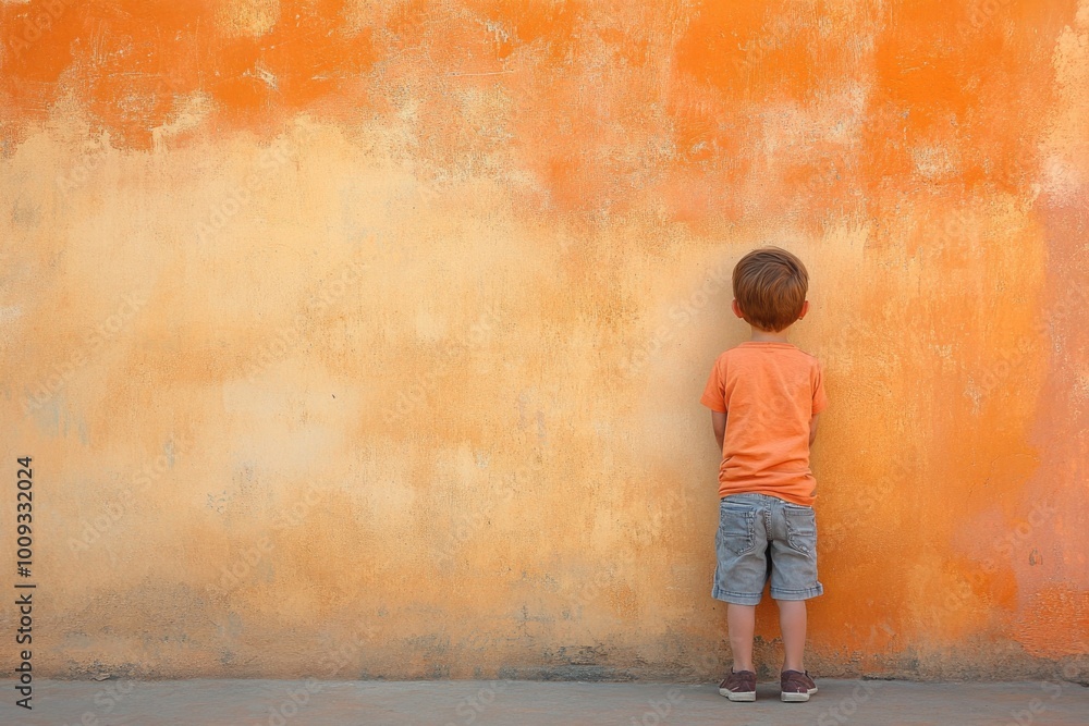 A young boy leans against a wall with his back to the camera A young boy leans against a wall with his back to the camera