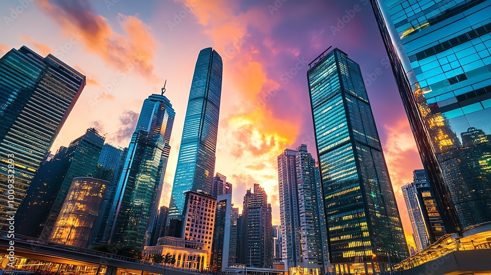 Obraz premium Urban skyline at sunset with vibrant colors