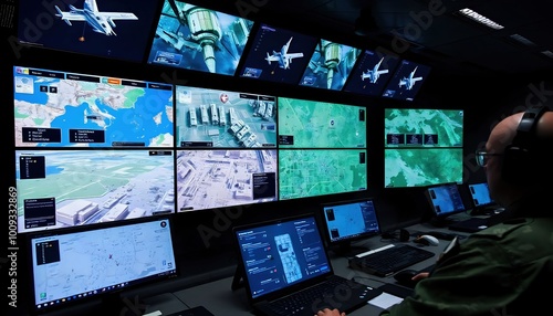 A high-tech military command center featuring digital screens and advanced technology, showcasing real-time data and strategic operations.