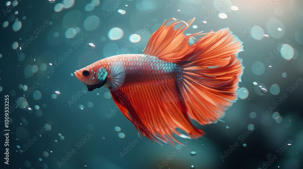 A vibrant orange betta fish with long flowing fins swims in a clear blue aquarium, illuminated by a bright light source. A vibrant orange betta fish with long flowing fins swims in a clear blue aquarium, illuminated by a bright light source.