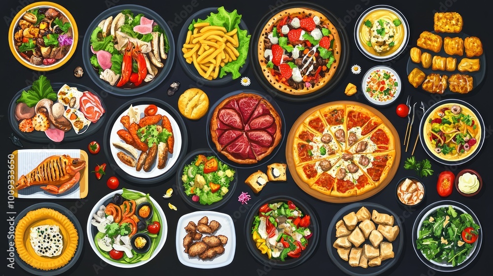 A variety of delicious foods including pizza, salad, soup, and seafood arranged on a black background. A variety of delicious foods including pizza, salad, soup, and seafood arranged on a black background.