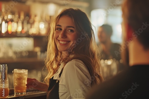 A woman holds a glass of beer in a social setting, potentially for relaxation or celebration