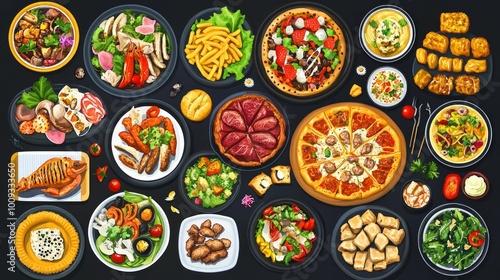 A variety of delicious foods including pizza, salad, soup, and seafood arranged on a black background.