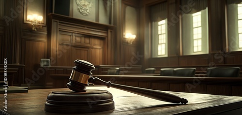 Gavel on a wooden table in a courtroom.