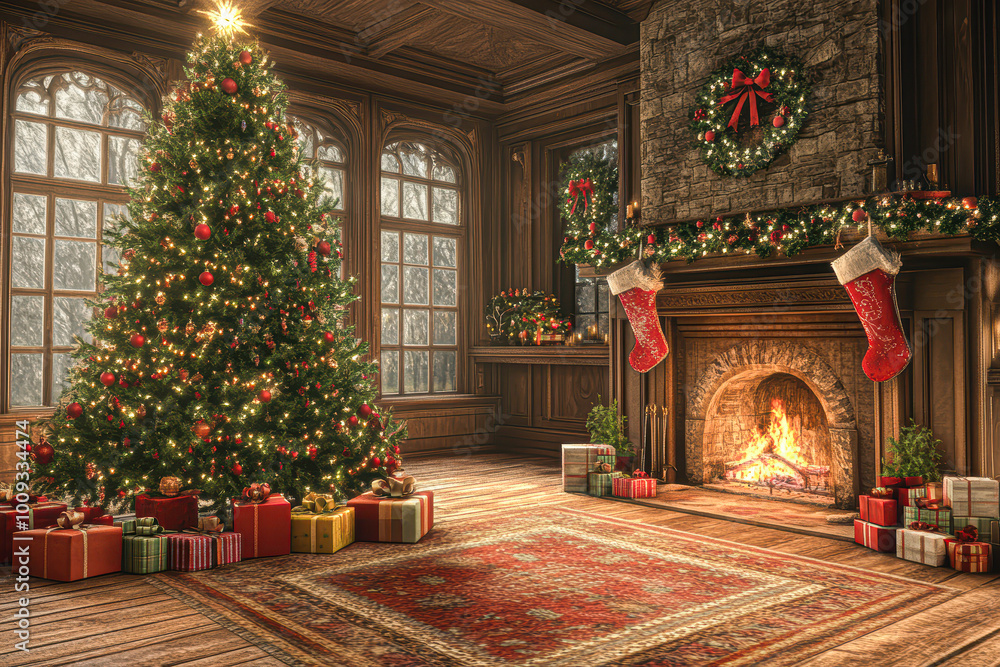 A cozy living room with a large Christmas tree in the center and a fireplace A cozy living room with a large Christmas tree in the center and a fireplace