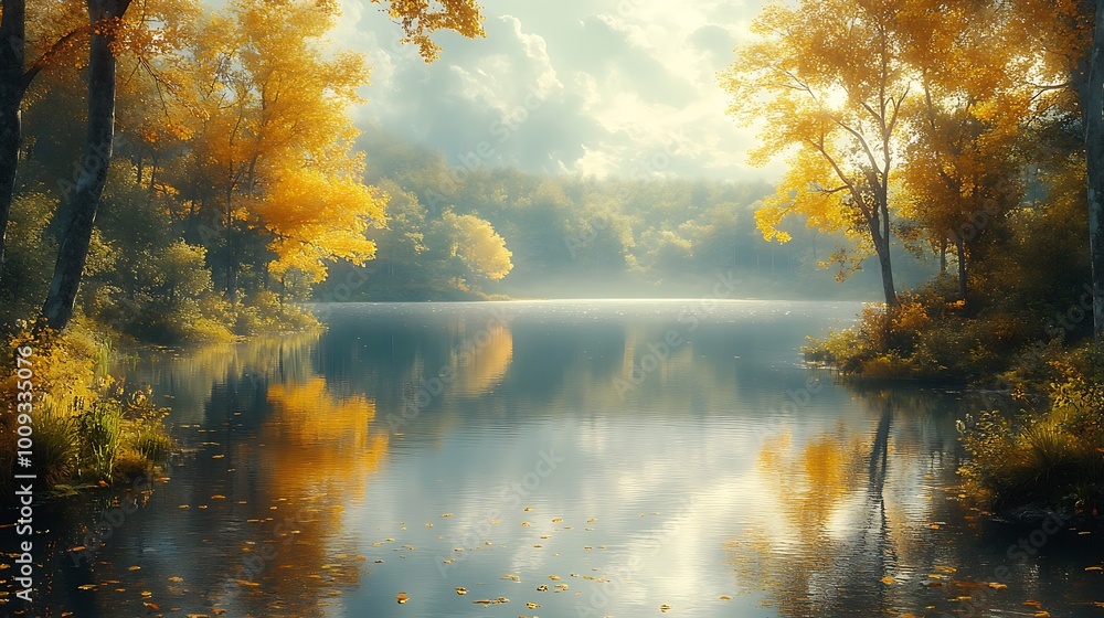 Fototapeta premium Tranquil lake in an autumn forest, surrounded by vibrant golden leaves, with a misty sky above.
