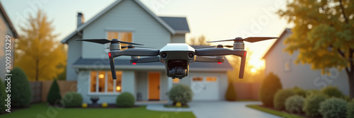 A drone captures aerial footage of a suburban home at sunset, showcasing modern technology in real estate and outdoor photography.