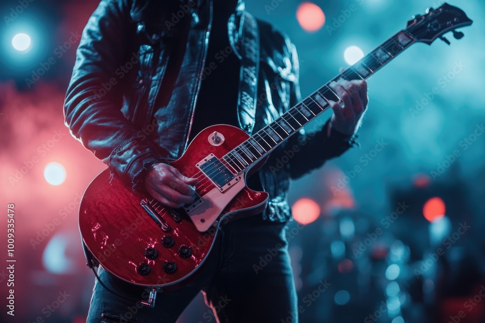 Naklejka premium A musician strums his guitar while wearing a bold leather jacket, perfect for use in music-themed visuals or promotional materials