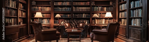 Cozy and Inviting Home Library with Wooden Bookshelves and Comfortable Leather Seating