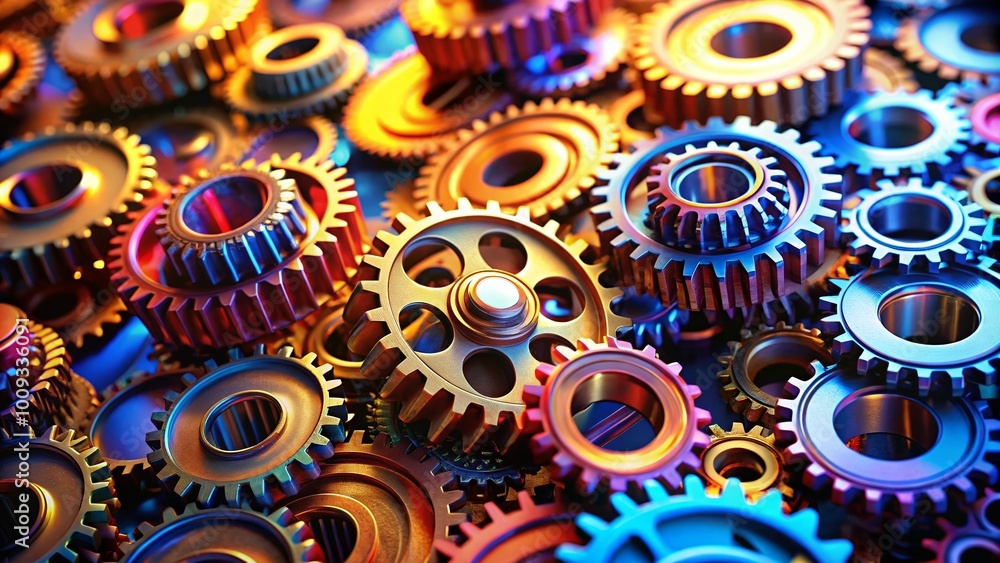 Intricate Arrangement of Metal Cogs Creating a Complex Mechanical System in Industrial Design Setting Intricate Arrangement of Metal Cogs Creating a Complex Mechanical System in Industrial Design Setting
