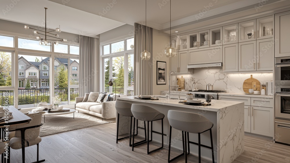 A large, open living room with a kitchen and a dining room A large, open living room with a kitchen and a dining room