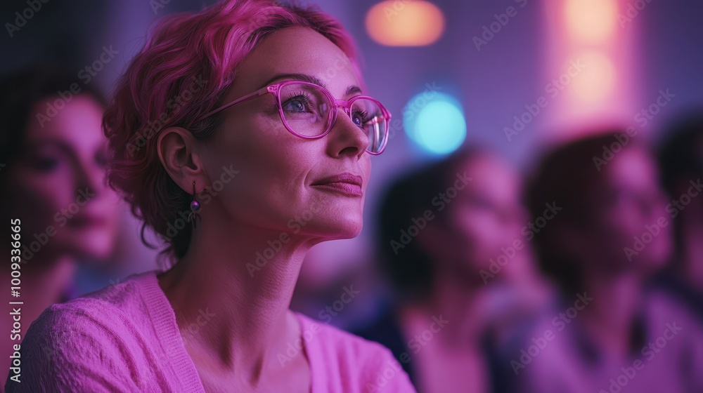 A woman with pink hair and glasses gazes thoughtfully during an event, surrounded by a softly blurred audience, This image can be used for articles on events, inspiration, or modern gatherings, A woman with pink hair and glasses gazes thoughtfully during an event, surrounded by a softly blurred audience, This image can be used for articles on events, inspiration, or modern gatherings,