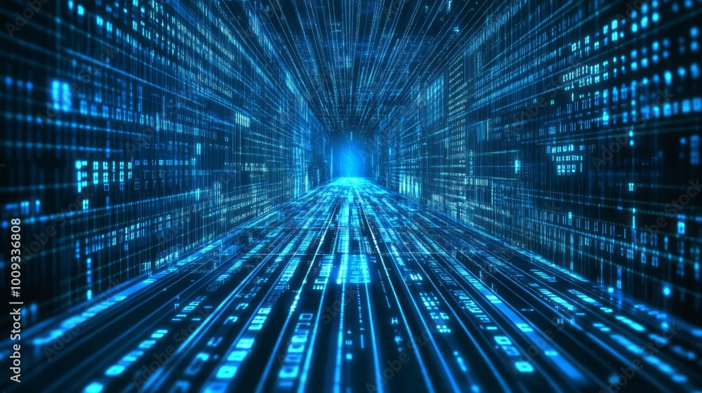 Abstract blue tunnel of binary code lines and digits, representing the speed and data flow of the digital world. Abstract blue tunnel of binary code lines and digits, representing the speed and data flow of the digital world.