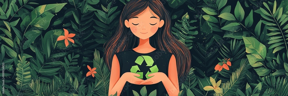 A young girl surrounded by lush greenery and flowers, holding a recycling symbol, representing environmental consciousness and sustainable living. A young girl surrounded by lush greenery and flowers, holding a recycling symbol, representing environmental consciousness and sustainable living.