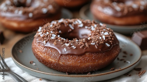  A chocolate donut with a glossy, thick glaze, decorated with coconut flakes, resting on a ceramic plate with a fork and napkin next to it, photographed from a top-down angle.