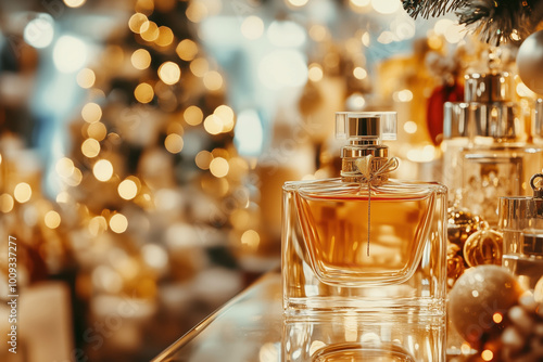 Beautiful goldenperfume bottle in the big decorated shop. Buying christmas gift in the perfume shop, christmas tree on blurred background with copy space on the left.  photo