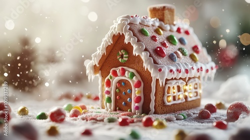 A cozy gingerbread house adorned with colorful candies and icing, set against a softly lit snowy background, perfect for holiday-themed projects, baking articles, or festive marketing materials,