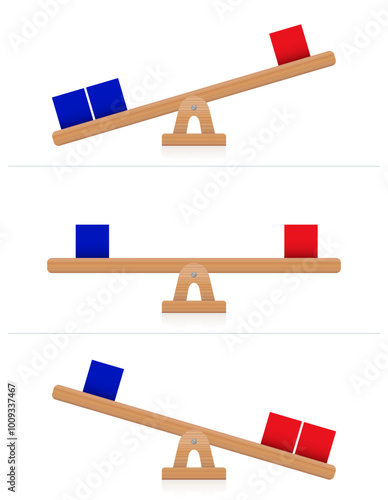 Seesaw with blue and red cubes, in three different stages. Dices of different quantities and colors on wooden seesaws showing phases of balance and imbalance. Isolated illustration over white. Vector.