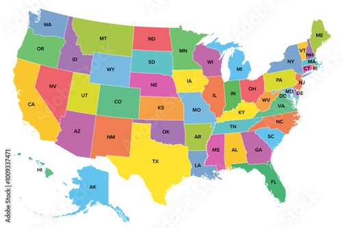 The United States of America, multi colored political map with the silhouettes of 50 states and postal abbreviations, and with the federal District of Columbia, as it is used for statistics. Vector.