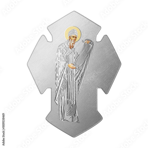 Orthodox traditional image of Saint Spyridon, Bishop of Trimythous. Silver Christian cross in Byzantine style isolated photo