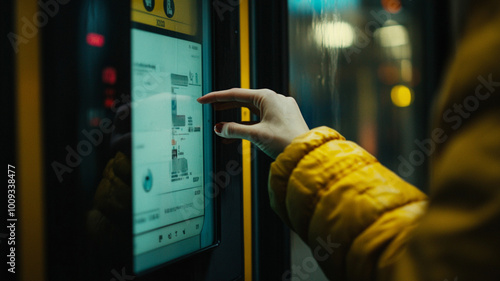 close-up of a person using a touch screen panel to buy movie ticket in movie theater
