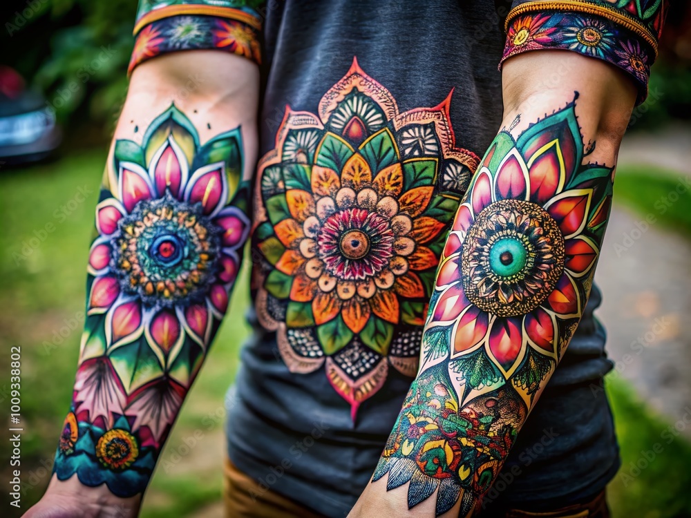 Obraz premium Intricate Forearm Tattoos Featuring Elegant Line Designs and Unique Patterns in Black Ink