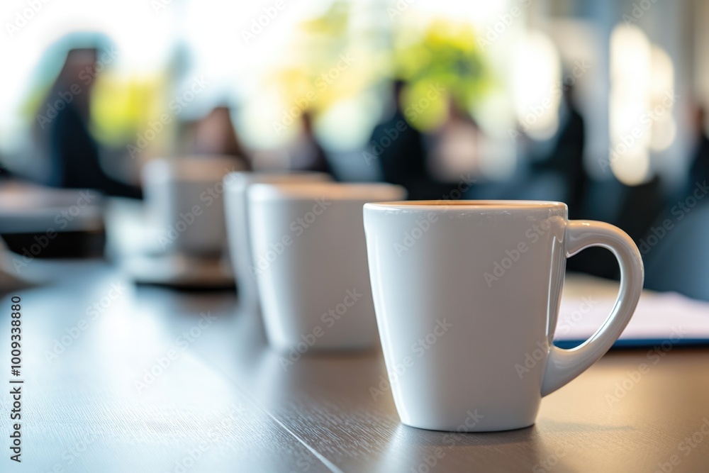 A group of coffee cups sitting on a wooden table, perfect for cafe or office use A group of coffee cups sitting on a wooden table, perfect for cafe or office use
