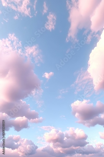 Whimsical morning vobrant blue sky with soft pink and purple clouds scattered photo