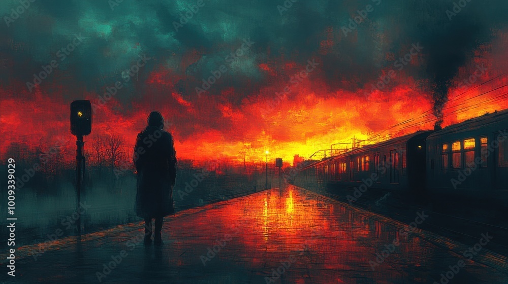 A distant perspective of a character walking away from a train station, with the evening sky painted in soft colors, creating a reflective and calming mood A distant perspective of a character walking away from a train station, with the evening sky painted in soft colors, creating a reflective and calming mood