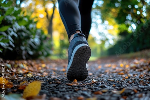 A person walks along a winding path in nature, focus is on their feet and legs