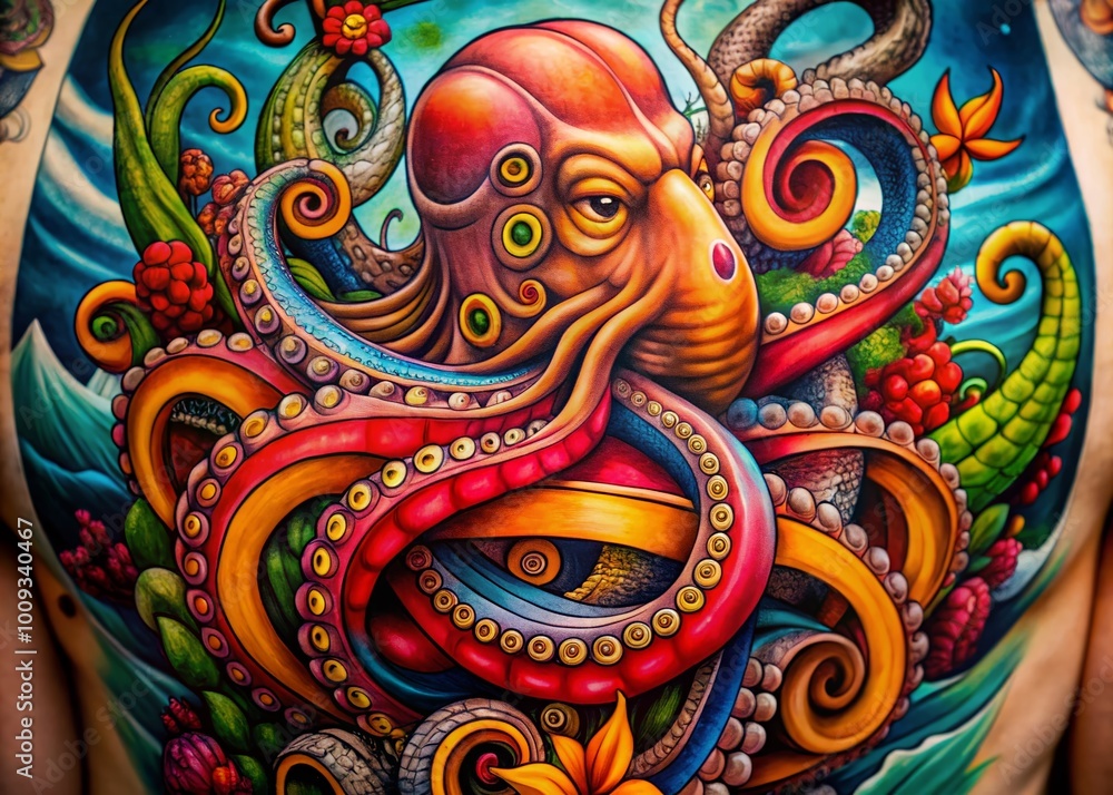 custom made wallpaper toronto digitalIntricate Kraken Tattoo Design Featuring Tentacles and Nautical Elements on a Bold Background