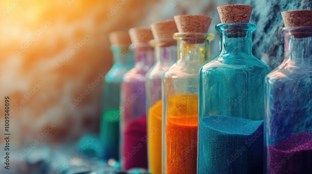Glass bottles filled with vibrant layers of colored sand, showcasing artistic craftsmanship, with a blurred background Glass bottles filled with vibrant layers of colored sand, showcasing artistic craftsmanship, with a blurred background