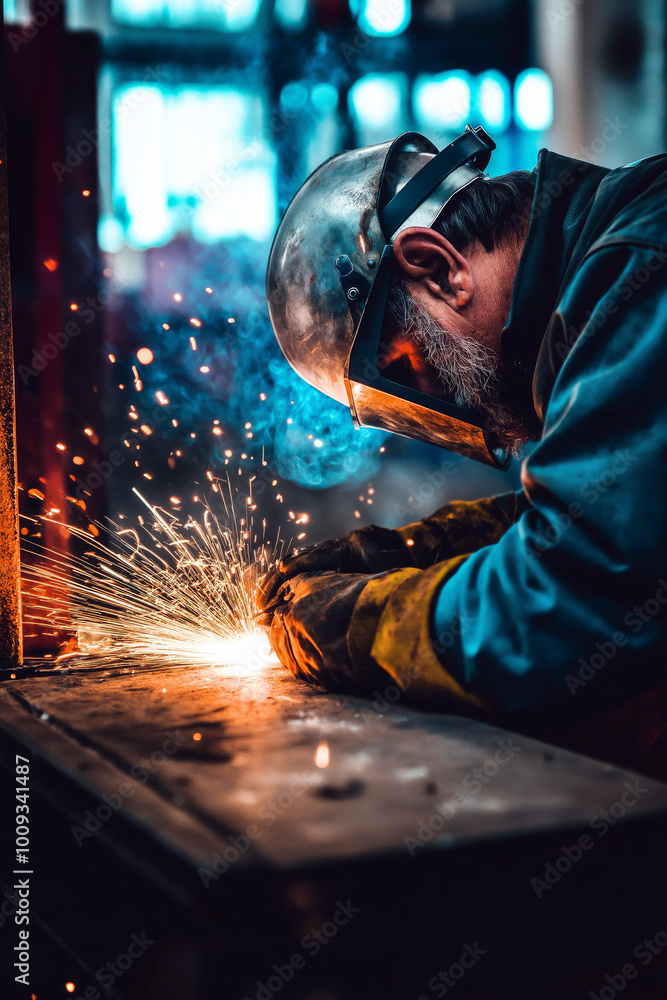 Master welder performing precise work joining thin metal components. Master welder performing precise work joining thin metal components.