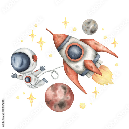 Space watercolor hand-drawn illustration with little astronaut in outer space next to flying rocket, planets and stars. Cute cartoon composition for kids photo