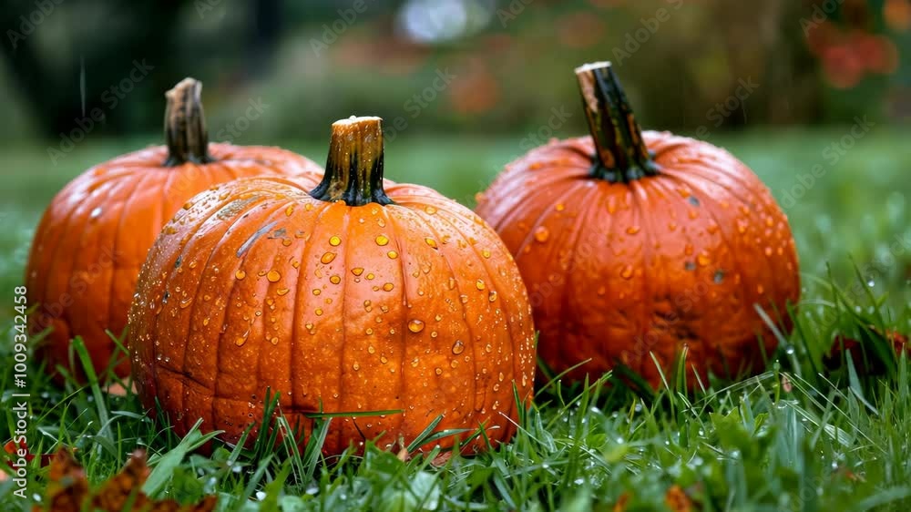 Three pumpkins sit in the grass after a recent rain shower Three pumpkins sit in the grass after a recent rain shower