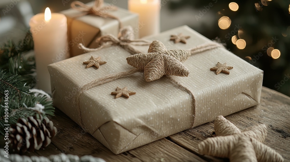 Festive gift wrapped in natural paper, adorned with a star, surrounded by candles and holiday decorations. Festive gift wrapped in natural paper, adorned with a star, surrounded by candles and holiday decorations.