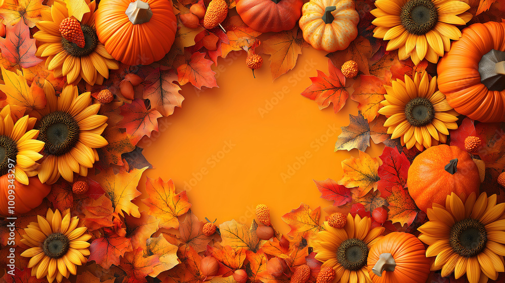 Obraz premium Autumn Festive Background Featuring Sunflowers, Pumpkins, and Fall Leaves for Thanksgiving