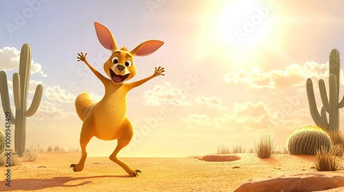 Playful 3D Cartoon Kangaroo in Desert Landscape