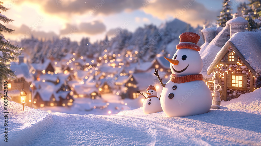 Obraz premium Charming 3D Cartoon Winter Landscape Scene