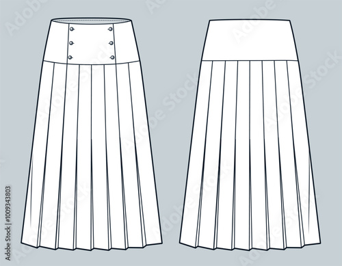 Pleated Skirt technical fashion illustration. Midi Skirt fashion flat technical drawing template, buttons, front and back view, white, women CAD mockup. photo