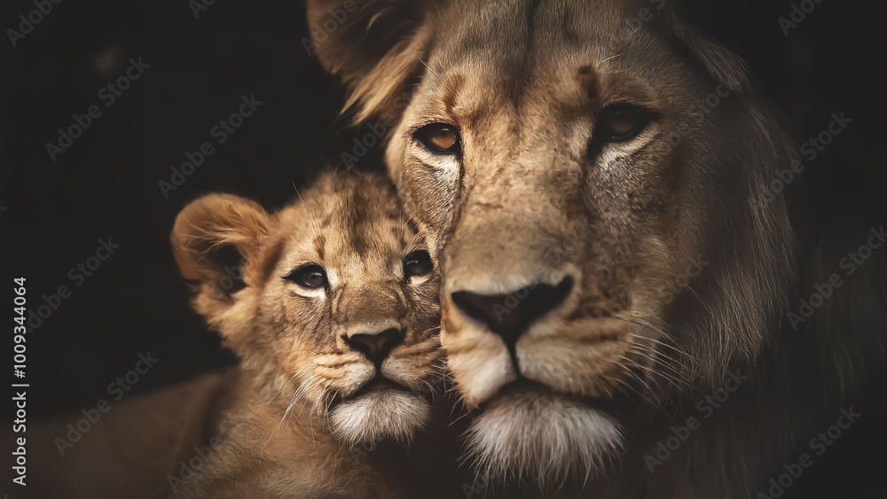 Fototapeta premium Close-up macro photo of a lion snuggling with a cub; clear and sharp focus, dark, moody and mysterious, black background