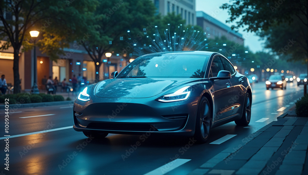 Modern Electric Car Driving on a City Street Modern Electric Car Driving on a City Street