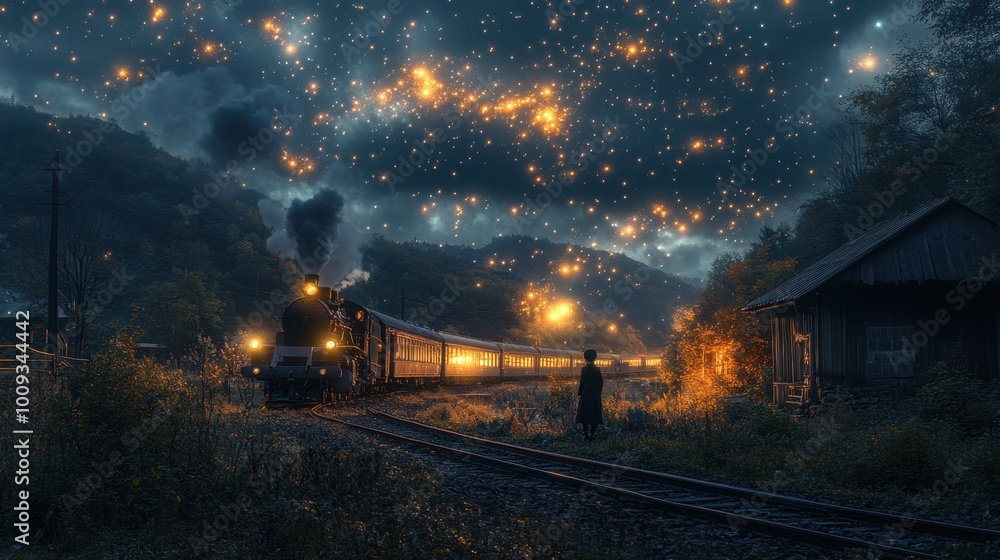 A whimsical nighttime scene of a character standing by the tracks, with a train illuminated by stars and muted tones creating a dreamy ambiance A whimsical nighttime scene of a character standing by the tracks, with a train illuminated by stars and muted tones creating a dreamy ambiance