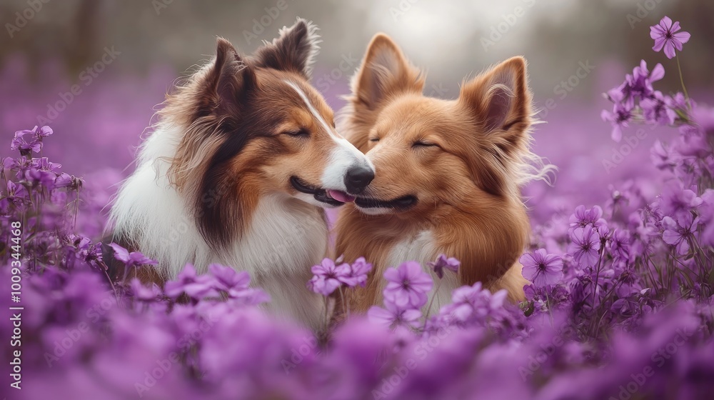 Naklejka premium Two dogs, a brown and white and a ginger one, are nose to nose in a field of purple flowers. They are both smiling and appear to be in love.