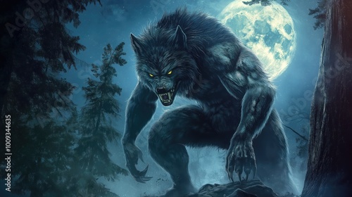 Scary werewolf in the forest with a background of the moon.