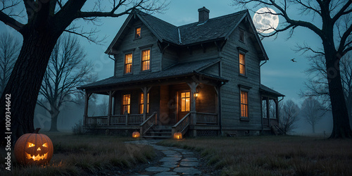 An old, hunted house. Halloween night scene with castle