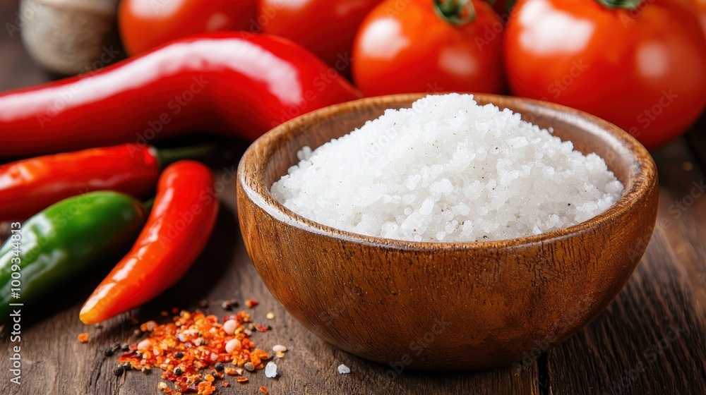 Fresh ingredients including salt, chilies, and tomatoes in a rustic bowl, ideal for cooking inspiration. Fresh ingredients including salt, chilies, and tomatoes in a rustic bowl, ideal for cooking inspiration.