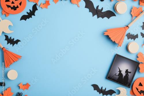 Colorful Halloween decorations on a blue background. photo