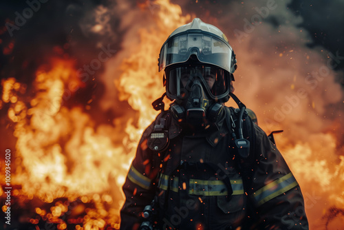 Firefighter in full gear standing amidst the intensity of flames.