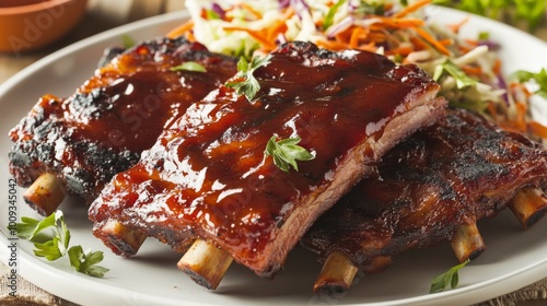 Succulent Barbecue Ribs with Fresh Slaw on Plate